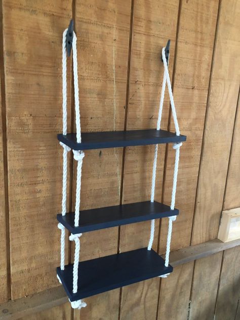 Nautical Floating Shelf, Nautical Bathroom Diy, Beach Bathroom Wall Shelves, Nautical Corner Shelves, Mans Bathroom, Hanging Rope Shelf, Nautical Rope Shelf, Wall Shelf Bathroom, Nautical Shelf