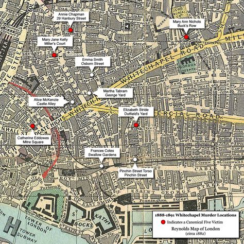 Ripper victim locations on a London map. Whitechapel London, Jack Ripper, Historical London, Ripper Street, East End London, Jack The Ripper, Victorian London, London History, London Map