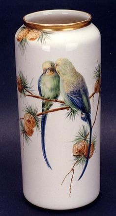 A WILLETS BELLEEK PORCELAIN FLORAL VASE, of cylindrical shape, hand painted with colorful love birds on pine branch. Parakeets, Pine Branch, China Painting, Painted Vases, Porcelain Art, Floral Vase, Tropical Birds, Painted Porcelain, Antique Porcelain