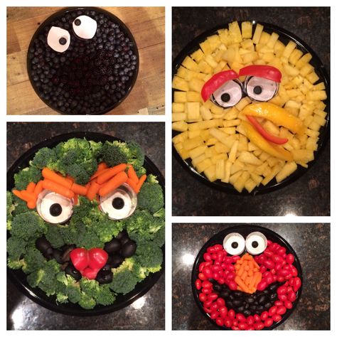 Sesame Street fruit and veggie trays Sesame Street Veggie Tray, Sesame Street Fruit And Veggie Trays, Sesame Street Fruit Tray, Sesame Street Food, Elmo Birthday Party Boy, Cat Mad, Cookie Monster Birthday Party, Mickey Mouse Centerpiece, Mickey Mouse Invitation