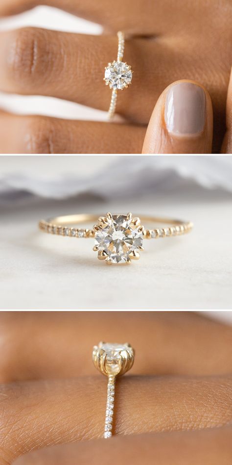 8 Prong Round Engagement Ring, Gold Engagement Ring And Wedding Band Set, Engagement Rings Yellow Gold Round, Yellow Gold Ring With White Gold Prongs, Round Engagement Rings With Band, Round Wedding Rings Gold, Round Engagement Ring Yellow Gold, Yellow And White Gold Engagement Ring, Gold Snowdrift Engagement Ring