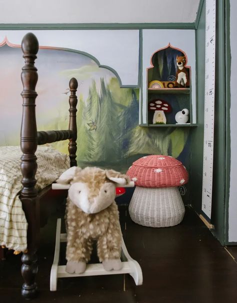 This Family Is Creating a Fairytale Home | Cubby Forest Inspired Bedroom, Knitted Mushroom, Fairytale Home, Mushroom Stool, Forest Bedroom, Fairy Tale Forest, Water Based Primer, Forest Mural, Inspired Bedroom