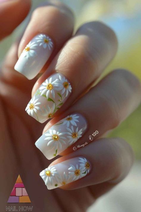 Simple Spring Nails, Sunflower Nails, Daisy Nails, Glow Nails, White Nail Designs, Flower Nail Art, Fall Nail Art, Neon Glow, Nail Designs Spring