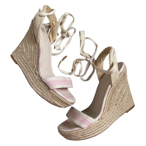 Nwt New Never Worn Victoria’s Secret Ankle Tie Platform Wedge Espadrilles In Baby Pink And Natural Tan Linen Stripe. Women’s Size 8.5. New Never Worn, However There Is Light Discoloration On The Ankle-Ties Near The Gold Metal Ends And Light Glue Residue On/Around Interior Sole. Please See All Images For Current Condition. Approximate Heel Height: 1.5” Platform 4.5” Wedge Heel Lace Up Espadrille Wedges, Ankle Tie Espadrilles, Tie Up Sandals, Victoria Secret Shoes, Heeled Espadrilles, Lace Up Espadrilles, Wedge Espadrilles, Espadrilles Platform, Swag Shoes