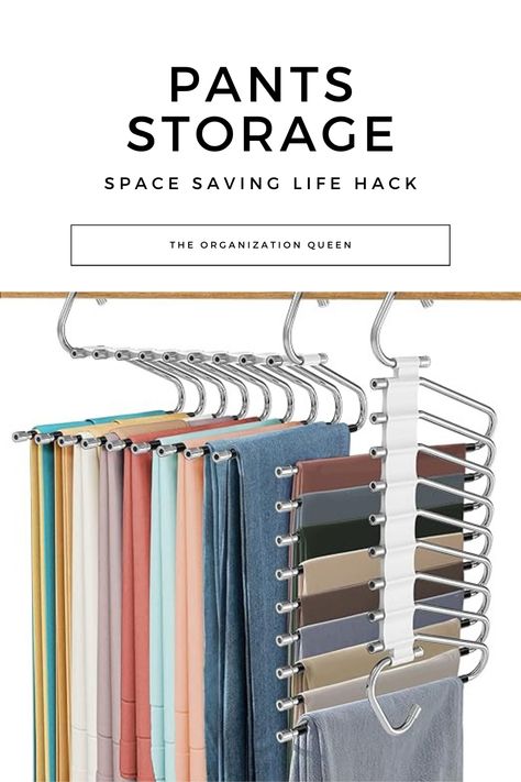 Best pants storage and space saver! #closetorganization #lifehack Tank Top Hanger, Pants Storage, Pant Storage, Maximize Closet Space, Pants Hangers, Organizers Storage, Pants Rack, Skirt Hangers, Space Saving Hangers