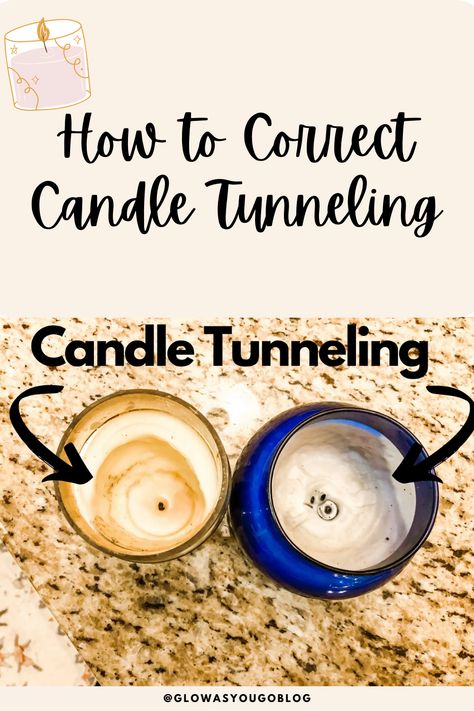 Do you have candles that burn down the center leaving wax around the edges? This is called candle tunneling and can easily be fixed by re-wicking your candle! DIY Candle Tunneling Tips, Memorial Candles Diy, Candle Making With Leftover Candles, What To Do With Leftover Wax In Candles, Tunneling Candle, What To Do With Left Over Wax From Candles, Diy Memorial Candle, How To Fix Sink Holes In Candles, Diy Herb Candles