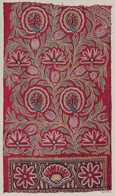 Fragment of embroidered silk Kutch Work Designs, Winter Embroidery, Kantha Embroidery, Border Embroidery Designs, Red Stain, Border Embroidery, Hand Work Embroidery, Indian Folk Art, Textile Fiber Art