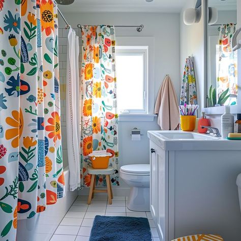 Bright and cheerful bathroom with floral shower curtain, white vanity, and coordinated accessories creating a vibrant and organized space. Cute Colorful Bathroom, Bathroom Eclectic Decor, Eclectic Guest Bathroom, Bathroom Remodel Colorful, White Bathrooms With Pop Of Color, Colorblock Bathroom, Cheerful Bathroom, Bathroom Ideas Colorful, Colorful Bathroom