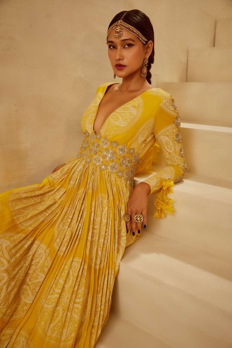 Buy Bhumika Sharma Yellow Georgette Floral Printed Anarkali Set Online | Aza Fashions Outfit For Haldi Function, Bhumika Sharma, Yellow Circle, Haldi Outfits, Haldi Outfit, Printed Anarkali, Circle Print, Embroidered Belt, Traditional Indian Outfits