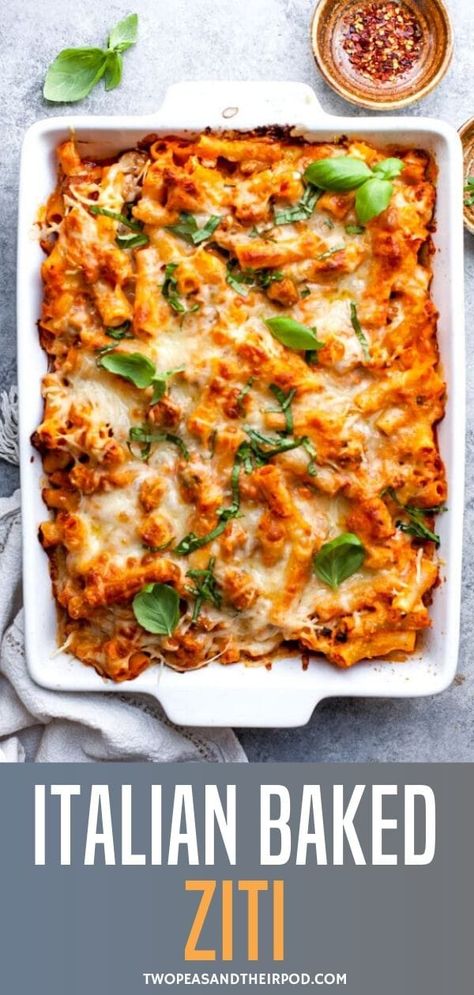 A big pan of Baked Ziti filled with pasta, cheese, sausage, and marinara sauce just might be the best dinner ever, especially when garlic bread is served on the side. This baked pasta is a family favorite! Baked Ziti With Sausage, Ziti Recipe, Pasta Cheese, Ziti Pasta, Ziti Recipes, Baked Ziti Recipe, Baked Pasta Recipes, Baked Pasta, Homemade Marinara