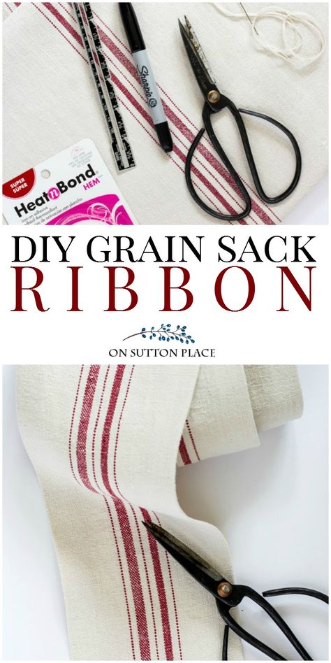 DIY Antique Grain Sack Ribbon Tutorial | Make your own ribbon from an antique grain sack. Easy, no-sew, step-by-step directions. #grainsack #grainsackribbon Primitive Crafts Diy, Tablecloth Ideas, Ribbon Tutorial, Grain Sack Fabric, Sewing Seams, Burlap Projects, Craft Booth Displays, Sutton Place, Ticking Fabric