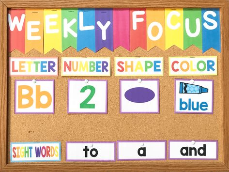 This is my preschool focus wall!  This  preschool bulletin board shows our letter, number, shape, color, and sight words of the week.  You can use this board during your preschool circle time and you won't believe the results!  Click here to read more about how this weekly focus wall has helped my preschoolers or download the headers and printables for yourself! Preschool Focus Wall, Weekly Focus, Preschool Rooms, Preschool Circle Time, Preschool Bulletin, Focus Wall, Preschool Bulletin Boards, Toddler Classroom, Preschool Curriculum