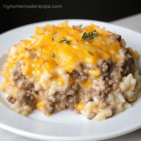 Cheesy Hamburger Rice Casserole - Hearty and Comforting - My Home Made Recipe Ground Beef And Cream Cheese, Recipes With Ground Beef And Mashed Potatoes, Ground Beef Rice Casserole Cream Of Mushrooms, Hamburger Helper Rice Orential Recipes, Beef Rice And Cheese Casserole, Cream Of Mushroom Hamburger Casserole, Cream Cheese Ground Beef Recipes, Side Dish With Ground Beef, Rice With Ground Beef Recipes