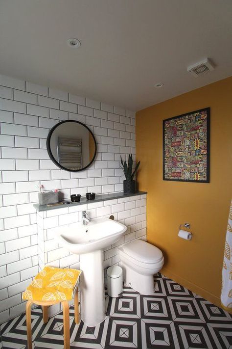 Yellow Feature Wall, Yellow Bathroom Ideas, Yellow Grey Bathroom, Tiny Bathroom Storage, Black Tile Bathrooms, Yellow Accent Walls, Black And White Tiles Bathroom, Mustard Yellow Walls, Small Bathroom Diy