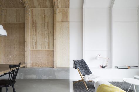 Natural and white-painted plywood walls divide the kitchen and dining area from living room in Forstberg Ling's House for Mother in Sweden Plywood Kitchen, Plywood Interior, Sweden House, Plywood Walls, Compact House, Fa Fal, Casa Container, Small Cabin, Design Del Prodotto