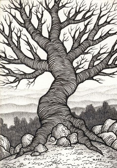 Doodle Art Trees To Draw, Ancient Tree Art, Weird Tree Drawings, Whimsical Tree Drawing, Ancient Tree Drawing, Tree Zentangle, Press Illustration, Tree Drawings, Weird Trees