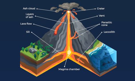 Volcanoes world map - World in maps Volcano Diagram, Volcano Parts, Tectonic Plate Movement, Volcano Projects, Magma Chamber, Shield Volcano, Geography Lessons, Plate Tectonics, Lava Flow