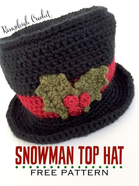 Top Hat Crochet, Crochet Santa Hat Free Pattern, Holly Crochet, Crochet Snowman Hat, Snowman Hat Pattern, Top Hat Pattern, Crochet Santa Hat Pattern, Snowman Top Hat, Crochet Ripple Afghan Pattern