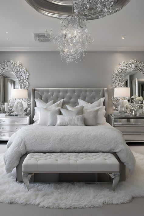 Silver Dresser Decor, Gray White And Gold Bedroom, Silver And White Bedroom Ideas, Glamorous Bedrooms, Grey And Silver Bedroom, White Room Decor Bedroom, Glam Bedrooms, Rich Girl Bedroom, White And Silver Bedroom