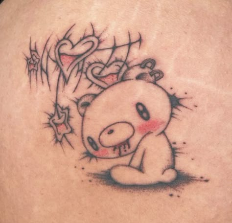 Domo Kun Tattoo, Morute Tattoos, Domo Tattoo, Gloomy Bear Tattoo, Lps Tattoo, Emo Teddy Bear Tattoo, Gloomy Bear Tattoo Ideas, Rilakkuma Tattoo Black And White, Gloomy Tattoo