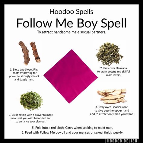 Follow me boy Hoodoo Delish, Hoodoo Conjure Rootwork, Hoodoo Rootwork, Period Blood, Hoodoo Magic, Hoodoo Conjure, Hoodoo Spells, Easy Love Spells, Magickal Herbs