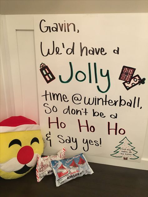 winterball promposal winter christmas funny unique original winter dance holidays santa Christmas Dance Proposal Ideas, Snowball Sign Ideas, Winters Response Poster, Christmas Dance Asking Ideas, Posters For Winter Formal, Winter Dance Asking Ideas, Christmas Poster Ideas For School, Poster Ideas For High School Dance, Winter Ball Asking Ideas