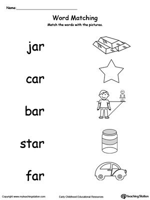 AR Word Family Picture Match: Provide your child with experience in identifying words ending in –AR by matching the words with each picture. Ar Family Words, Am Family Words Worksheet, Ub Word Family Worksheet, Ab Word Family Worksheets, Ack Word Family Worksheet, Kindergarten Word Families, 3 Letter Words, Three Letter Words, Family Worksheet