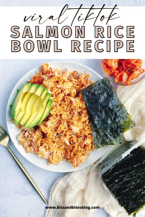 White Rice Salmon Bowl, Salmon Rice Bowl With Seaweed, Salmon Bowls With Seaweed, Salmon Emily Mariko, Salmon Rice Bowl Emily Mariko, Emily Salmon Bowl, Salmon And Sticky Rice, Mahi Mahi Rice Bowl, Salmon Rice Bowl Recipes Tiktok