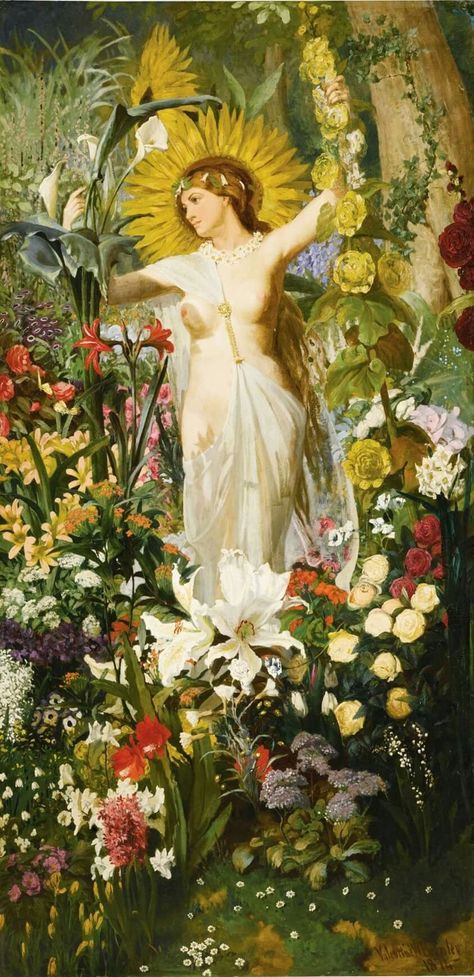 Valentine Walter Bromley (British painter and illustrator) 1848 - 1877 Flora, 1874 oil on canvas 183 x 92 cm. (72 x 36 in.) signed and dated l.r.: Valentine W Bromley/ 1874 private collection Greek Goddess Art, Nature Goddess, Roman Gods, Rennaissance Art, Roman Goddess, Greek Mythology Art, Irish Art, Roman Mythology, Mythology Art