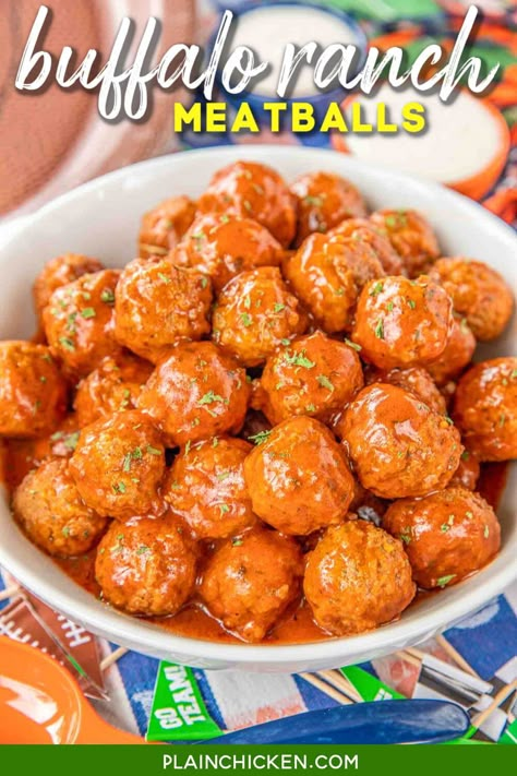 Buffalo Ranch Meatballs - only 3 ingredients! Great for tailgating and parties!! Can make in the slow cooker or stovetop. Everyone goes crazy over this easy appetizer! #tailgating #partyfood #slowcooker #appetizer Ranch Meatballs, Buffalo Meatballs, Beef Appetizers, Football Friday, Ranch Packet, Carb Dishes, Buffalo Chicken Meatballs, Buffalo Wing, Buffalo Ranch