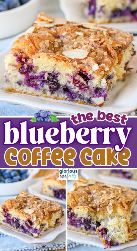 This Blueberry Coffee Cake recipe is bursting with juicy blueberries and topped with a buttery streusel. It's perfect with a morning coffee or as a sweet afternoon snack. A beautiful weekend treat or addition to your holiday brunch menu, this coffee cake is sure to become a new favorite! | GloriousTreats.com Blueberry Coffee Cake Recipe, Fun Boots, Cake Blueberry, Blueberry Breakfast Cake, Blueberry Coffee, Blueberry Coffee Cake, Sour Cream Coffee Cake, Coffee Cake Recipe, Blueberry Breakfast