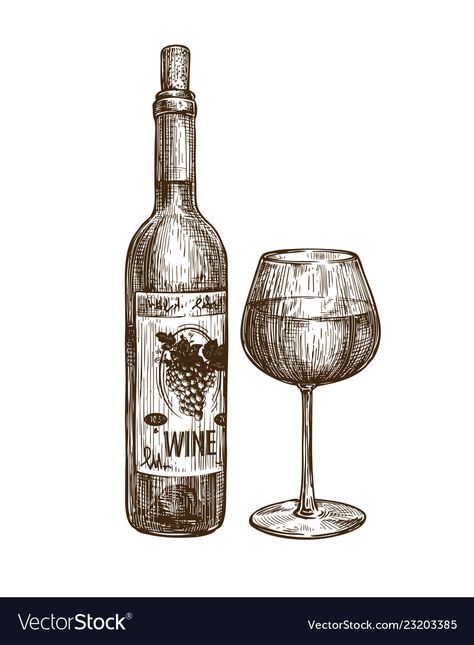 Drawing Of Wine Bottle, Wine Bottles Drawing, Bottle Of Wine Drawing, Bottles Sketch, Wine Bottle Tattoo, Drink Sketch, Flask Drawing, Wine Bottle Drawing, Wine Sketch