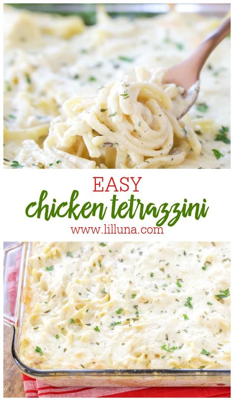 Easy, creamy and utterly delicious Cheesy Chicken Tetrazzini is a family favorite that takes minutes to prep!! #chickentetrazzini #tetrazzini #tetrazzinirecipe #dinner #dinnerideas #chicken #chickenrecipes Cheesy Chicken Tetrazzini, Easy Chicken Tetrazzini Recipe, Easy Chicken Tetrazzini, Chicken Tetrazzini Recipes, Tortellini Alfredo, Favorite Pasta Recipes, Chicken Tetrazzini, Lil Luna, Baked Asparagus