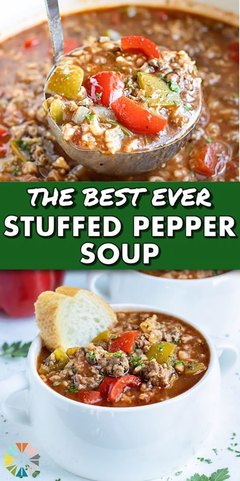 Stuffed Bell Pepper Soup, Bell Pepper Soup, Easy Stuffed Peppers, Soup With Ground Beef, Stuffed Pepper, Pepper Soup, Crockpot Soup Recipes, Filling Dinner, Dinner Recipes For Family