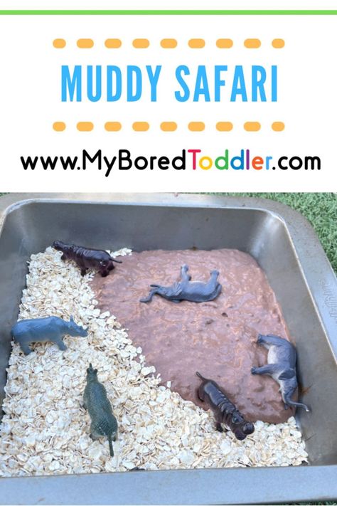 Muddy Safari: With this taste-safe sensory activity, your toddler will love exploring and learning about safari animals! Safari Sensory Bin, Tin Cans Diy, Easy Activities For Toddlers, Sensory Corner, Sensory Processing Activities, Sensory Play Toddlers, Safari Activities, Toddler Sensory Bins, Sensory Activities Toddlers