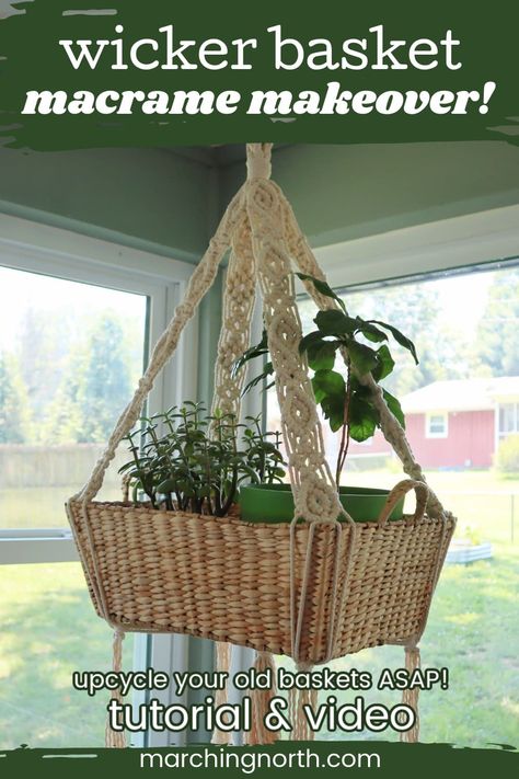 Learn how to turn an old wicker basket into something beautiful with this macrame upcycle tutorial! | macrame hanging basket pattern | macrame plant hanger | DIY macrame | macrame tutorial | free macrame pattern Macrame Free Patterns, Diy Wicker Basket, Hanging Basket Pattern, Macrame Hanging Basket, Hanging Baskets Diy, Hanging Wicker Baskets, Plant Hanger Diy, Storage Baskets Diy, Macrame Inspiration