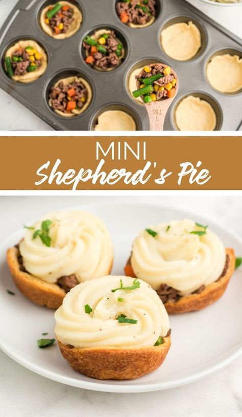 These Mini Shepherd’s Pies have a beautiful golden bottom crust, a delicious savory filling, and a lovely pillow of potato over the top. They’re a tasty treat for St. Paddy’s Day or any day you’re feeling a little Irish. via @familyfresh Shepherds Pie Cups, Easy Mini Pot Pies, Mini Shepherds Pot Pies, Harry Potter Shepherds Pie, Shepherds Pie Appetizer, Mini Shepards Pie Muffins, Mini Beef Pot Pies Easy, Mini Pie Savory, Mini Cottage Pies