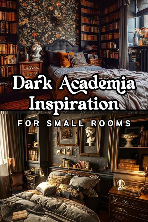 Can the dark academia aesthetic work in a small bedroom? Will the dark color palette make the room feel cramped? When it comes to small spaces, should dark decor be avoided at all costs?  Well, in my opinion, darkness in a small room is a GOOD THING!  In this post, I’m sharing some small bedroom ideas for the dark academia decor look, and explaining why the whole “dark colors make a room feel smaller” thing is a myth. 😉🖤  So if you live in a small apartment with a small bedroom area and you love dark academia, read on! Dark Academia Bedroom Ideas, Dark Academia Interior, Dark Academia Bedroom, Dark Academia Home, Academia Bedroom, Academia Room, Academia Decor, Dark Color Palette, Dark Academia Decor