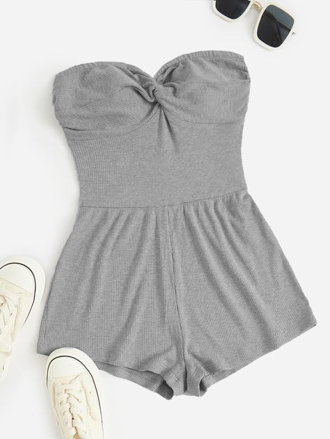 Grey Casual Collar Sleeveless Knitted Fabric Plain Tube Embellished Slight Stretch  Women Clothing Tube Romper, Comfy Jumpsuits, Teen Clothing, Twist Front, Kids Sleepwear, Upcycle Clothes, Grey Fashion, Rompers Women, Casual Wardrobe