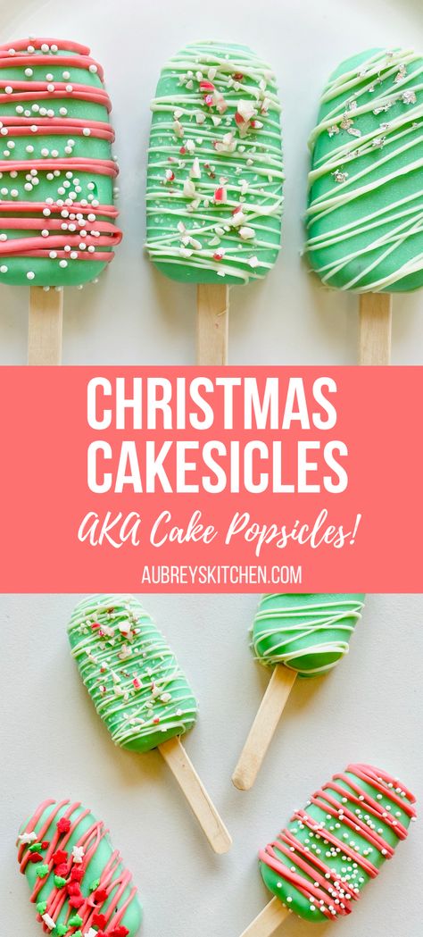 Christmas cakesicles decorated with Christmas colors and sprinkles Cake Popsicles Christmas, Christmas Tree Cakesicle, Christmas Cake Sicles, Cakesicles Christmas, Christmas Popsicles, Christmas Cakecicles, Christmas Treat Boxes Ideas Sweets, Holiday Cakesicles, Christmas Cake Popsicles