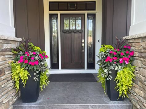 Front Door The Home Depot, Planters Front Door, Tall Planters Front Door, Front Porch Flower Pots, Patio Flower Pots, Front Door Planters, Potted Plants Patio, Planter Arrangements, Front Porch Flowers