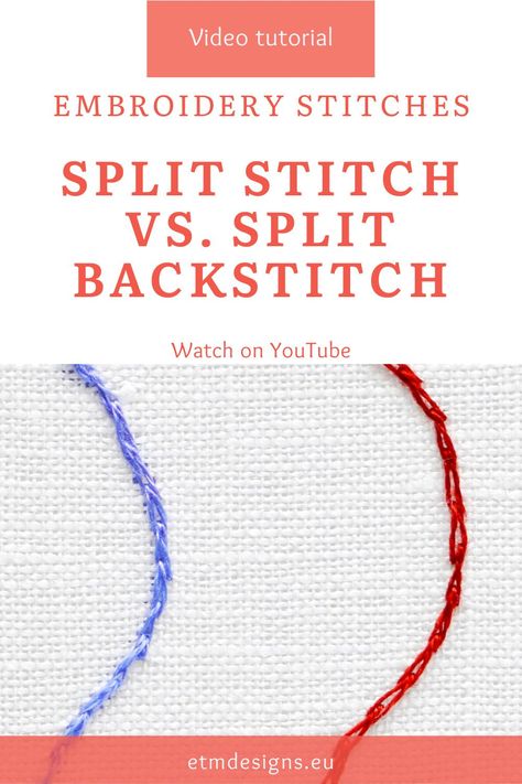 Hand embroidery split stitch is made by splitting the previous stitch from below, and a split backstitch is split from above. Visually, a split stitch has more volume and texture and looks thicker and sturdier. While split back stitch lies flatter on the fabric. Watch a video tutorial and learn all the differences between split stitch and split backstitch! Split Back Stitch Embroidery, Embroidery Split Stitch, Split Stitch Embroidery, Embroidery Essentials, Back Stitch Embroidery, Split Stitch, Hand Embroidery Tutorial, Embroidery Stitches Tutorial, Hand Embroidery Projects