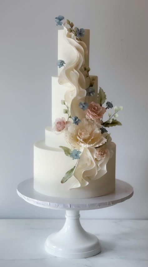 Wedding Cake With Draping, Blue Orchid Wedding Cake, Structural Wedding Cake, Wedding Cakes Elegant Unique Classy, Ethereal Wedding Cake, Blue Orchid Wedding, Orchid Wedding Cake, Wedding Cake With Flowers, Whimsical Wedding Cakes