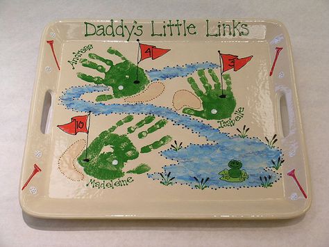 Father's Day Paint Your Own Pottery Platter from Color Me Mine in Voorhees, NJ Golf Footprint Art Fathers Day Crafts, Father’s Day Craft Bbq Plate, Hand Print Fathers Day Gifts Golf, Footprint Animals, Handprint Pottery, Creative Plates, Father’s Day Pottery Plate, Hand Print Father’s Day Craft Golf, Handprint Ideas