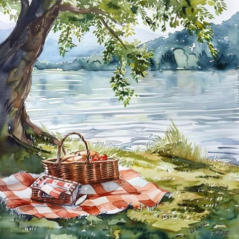 Picnic Scene Drawing, Countryside Drawing, Picnic Drawing, Picnic Painting, Smartwatch Wallpaper, Watercolor Scenery, Basic Painting, Scene Drawing, Indian Art Gallery