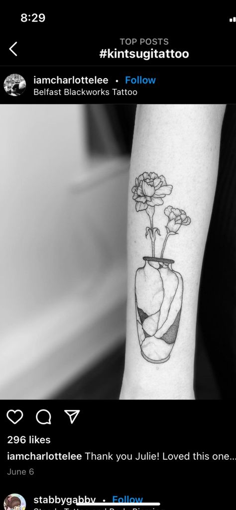 Shattered Vase Tattoo, Kintsugi Tattoo Minimalist, Kintsugi Vase Tattoo, Broken Vase Tat, Broken Vase With Flowers, Cracked Vase Tattoo, Flowers In A Vase Tattoo, Vase Tattoo Simple, Alabaster Jar Tattoo