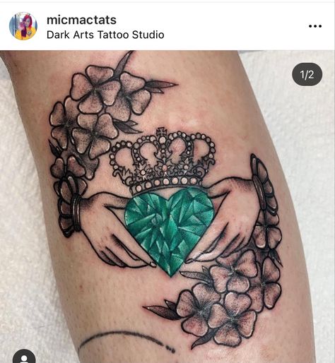 Irish Mythology Tattoo, Celtic Claddagh Tattoo, Feminine Irish Tattoos, Irish Claddagh Tattoo Women, Gem Heart Tattoo, Celtic Knot Claddagh Tattoo, Irish Gaelic Tattoo, Traditional Claddagh Tattoo, Small Irish Tattoos