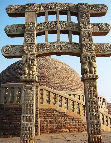 "East Gateway of Sanchi Stupa", Stone. Early Andhra, 1st cent. H 35'. Page 15. Indian Landmarks, Great Stupa At Sanchi, Mauryan Empire, Sanchi Stupa, India Palace, Temple India, Ancient Indian Architecture, Indian Sculpture, Temple Architecture