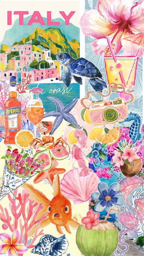 Beach summer collage with ocean theme stickers Beach Collage Wallpaper, Vibe Collage, Cute Backrounds, Beachy Wallpaper, Beach Collage, Cute Collage, Art Books For Kids, Beach Things, Wallpaper Iphone Boho