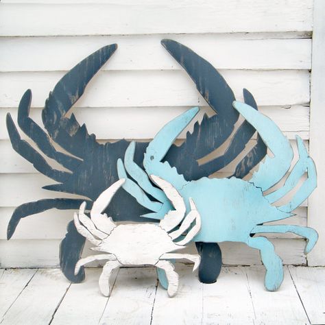 My love of crab goes way back from soft shells in New Orleans to extra large ones at Cantlers in Annapolis, Maryland. Meet Mister Crab, he is a great fresh catch of coastal decor.  Size: 13 H x 16 W x .5 D  One afternoon while driving to Escambia Bay, Florida my wife and I got caught in a violent thunder storm that caused a power line to fall on the highway. While waiting for the road to reopen a nice Southern gentleman seeing that we were delayed and bored came over and offered us some sweet... Blue Crab Decor, Crab Sign, Art Plage, Deco Marine, Crab Art, Crab Decor, Coastal Wall Decor, Beachy Decor, Seaside Cottage